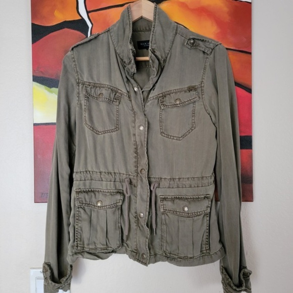 MAX JEANS Womens Olive Green Military Utility Jacket Drawstring Waist Full‎ zip